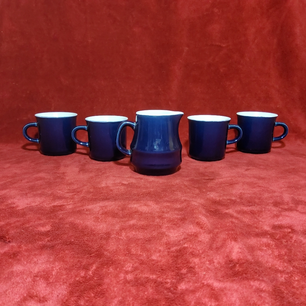 Vintage Stoneware Creamer Bowl And Coffee Tea Cup Set Blue & White 5 Piece Set